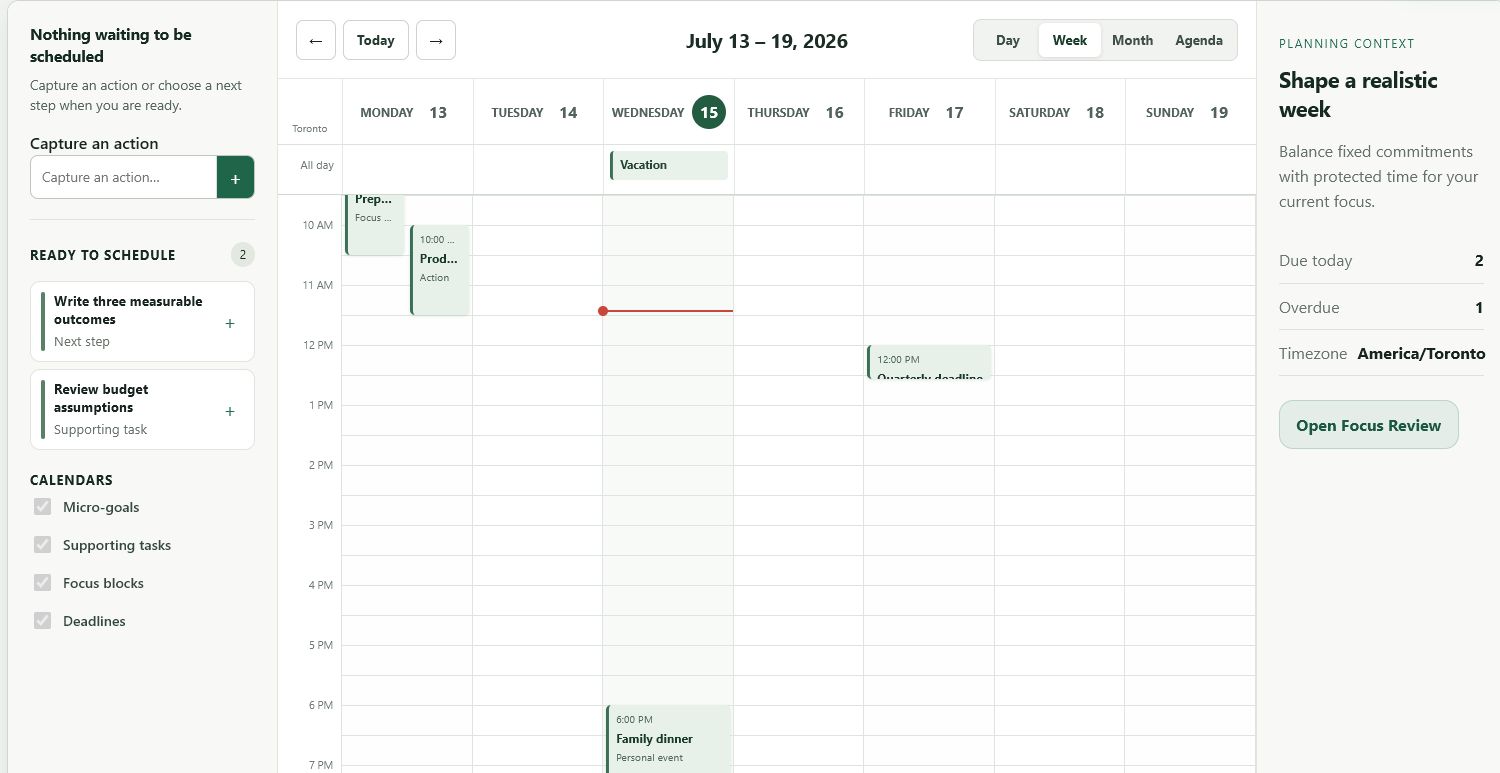 FuturaPath Schedule showing goal-connected focus blocks and next actions in a weekly calendar.