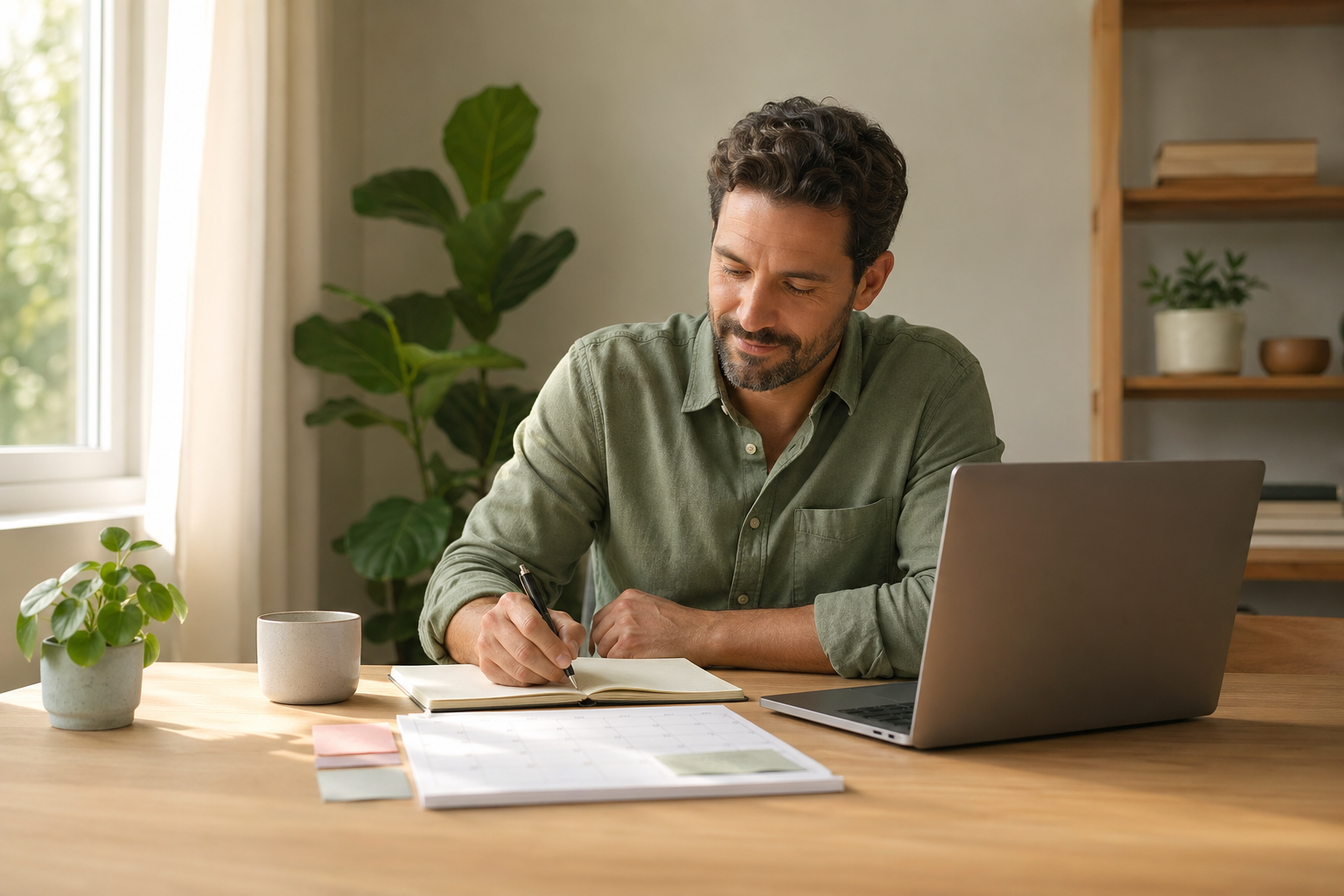 A calm person thoughtfully planning their future at a clean desk with a laptop, notebook, and organized schedule.